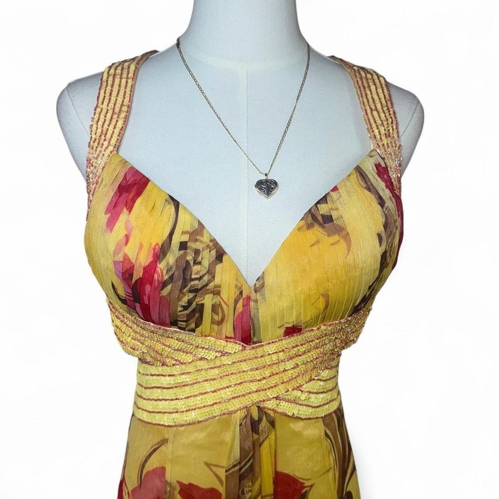 Y2K vintage La Femme yellow floral beaded halter maxi gown tropical open back - Picture 2 of 8